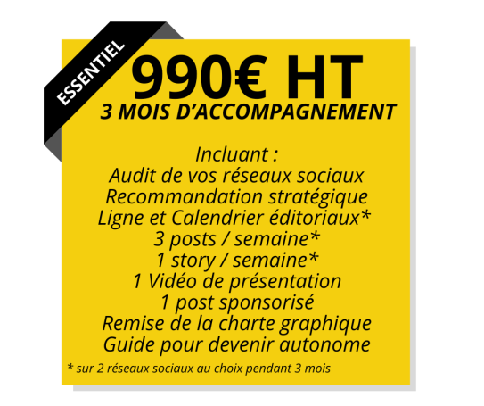 Tarif Pack Essentiel à 990€ HT pour 3 mois d'accompagnement